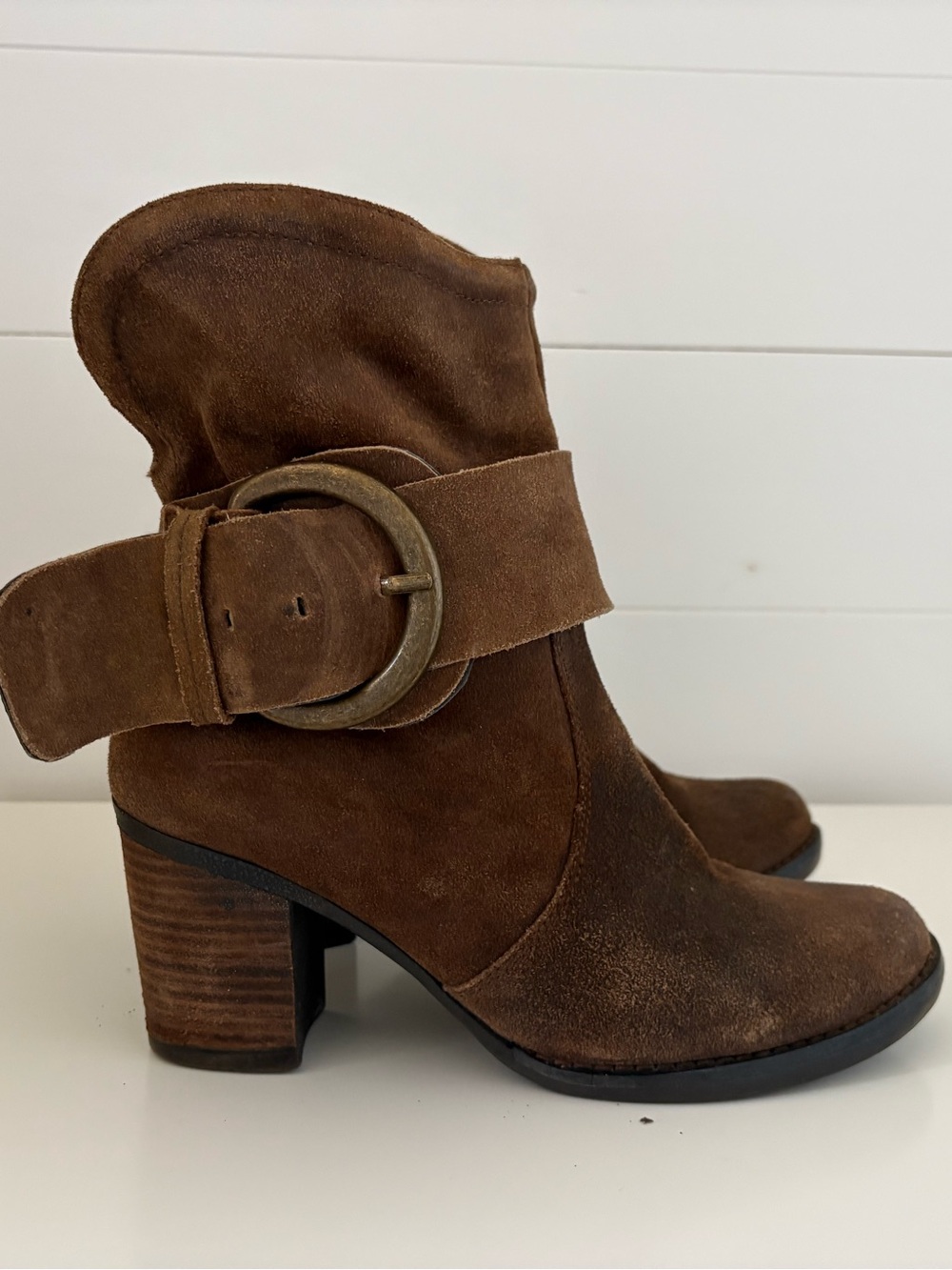 Women's Brown Suede Buckle Ankle Boots